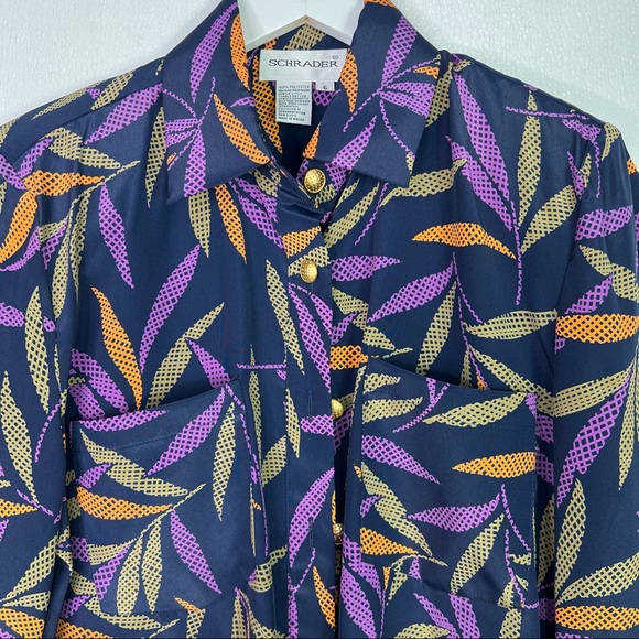 SCHRADER Vintage Purple Leaf Print Button Front Top Size 6 - Picture 2 of 10